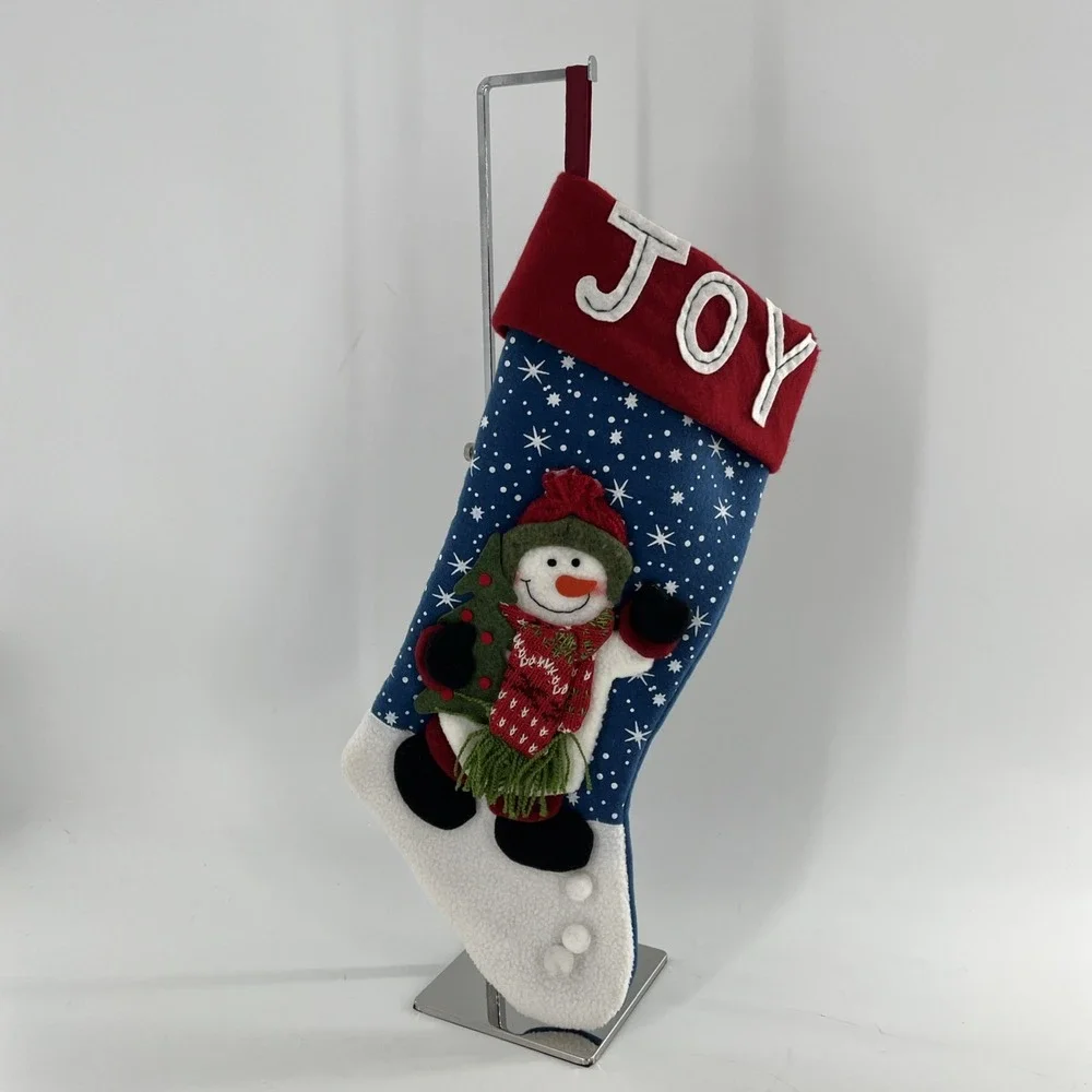 2 Vintage Snowman Felt Applique Christmas Stocking 3D Fleece Knit Pom Stitch 21